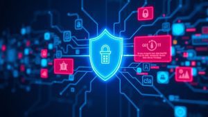 Ilustrasi sistem keamanan siber yang melindungi data bisnis digital..