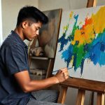 Seorang seniman berpenghasilan sedang melukis di studionya yang terang..