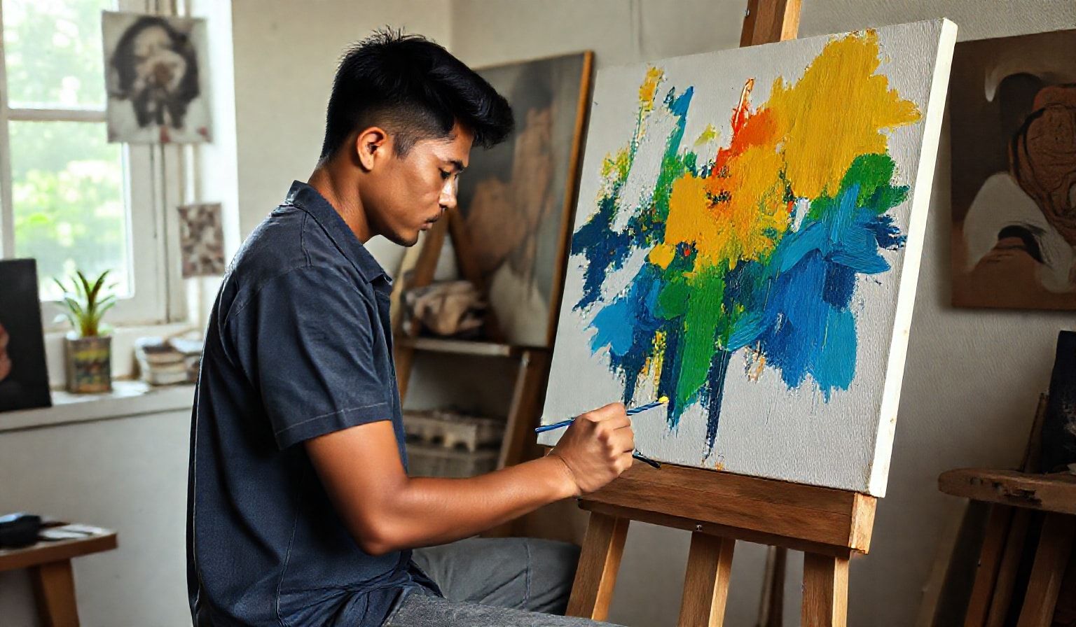 Seorang seniman berpenghasilan sedang melukis di studionya yang terang..